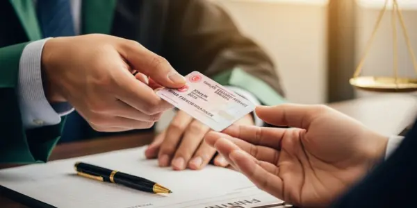 Lawyer handing residency card to client